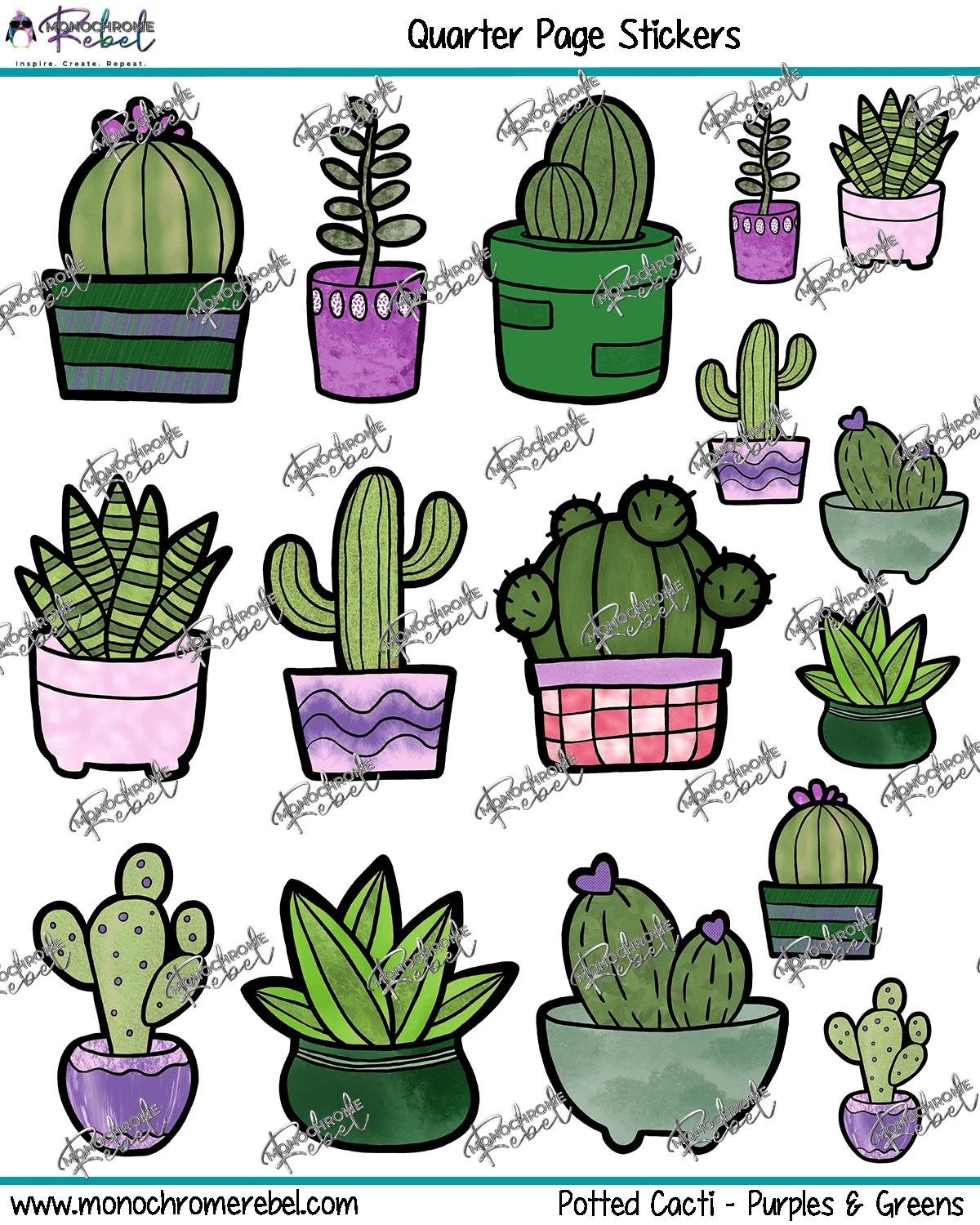 Potted Cacti - Purples and Greens Stickers