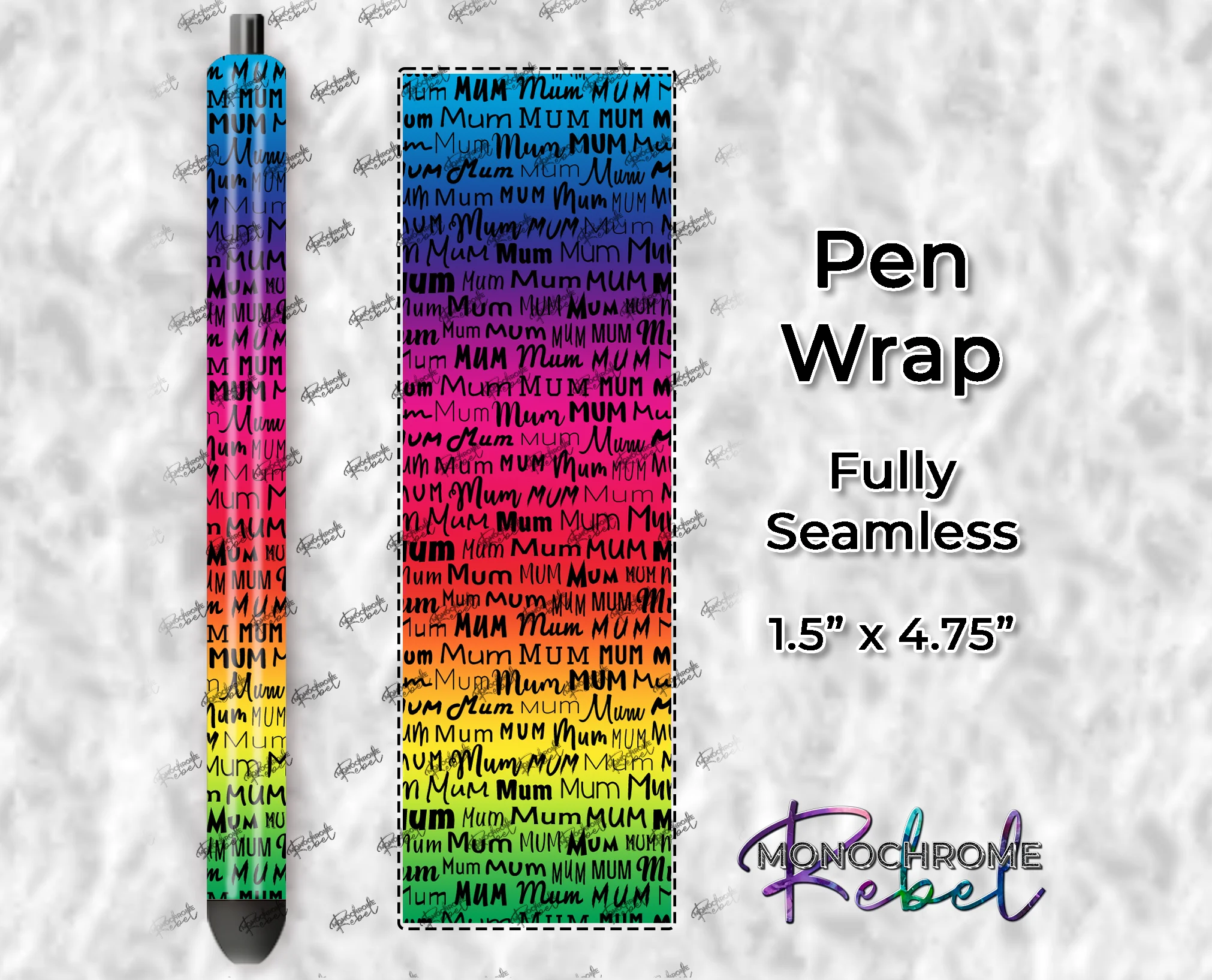 Mum Words Black on Bright Rainbow Pen Wrap