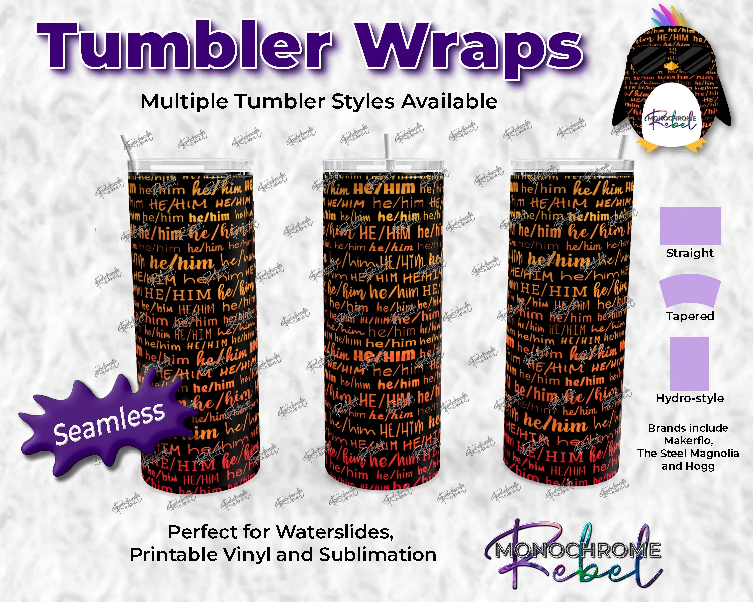 He Him Words Yellow Orange Stripey on Black Tumbler Wrap