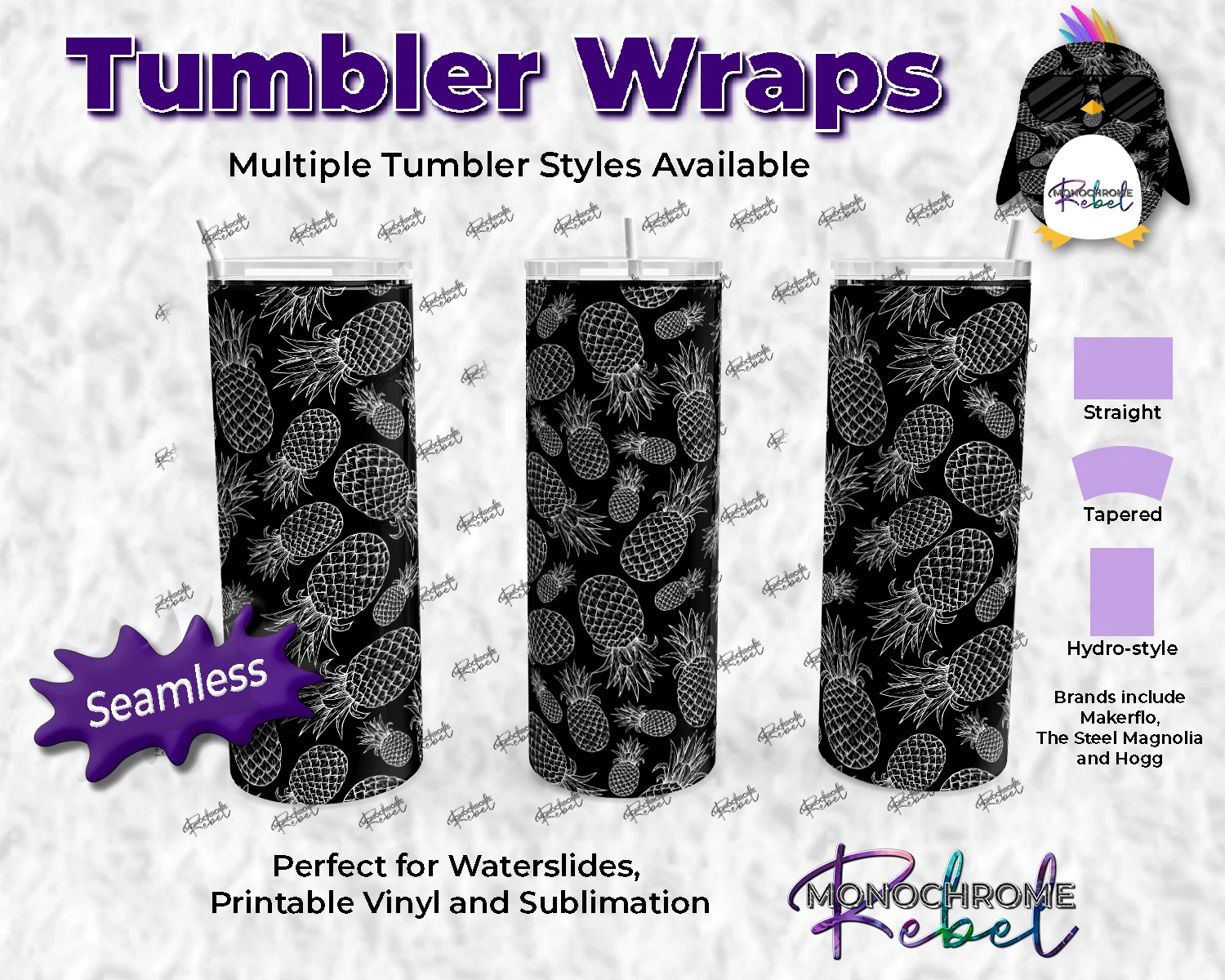 Pineapple Passion White Outline on Black Tumbler Wrap